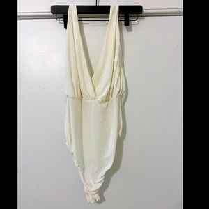 White silky deep v (front and back) bodysuit